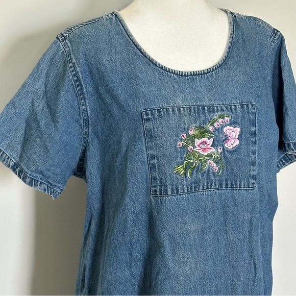 Vintage Jane Ashley 90s Denim Dress with Floral Embroidery – Cottagecore XL - Picture 7 of 7